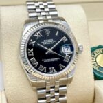 Montre Rolex Datejust 31 mm pour femme, cadran noir cannelé, 178274, boîte et papiers